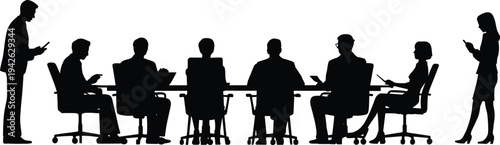 Business team meeting discussion conference collaboration corporate office people sitting boardroom communication teamwork silhouette flat vector illustration design