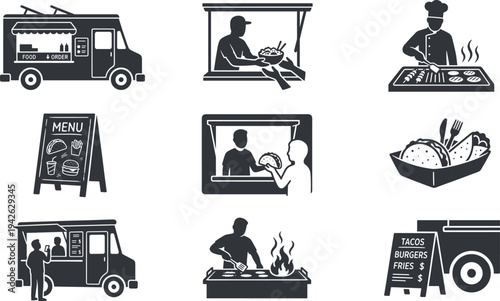 Professional Food Truck Service and Street Food Icons Featuring Chefs Grilling Tacos Burgers and Mobile Catering Vans