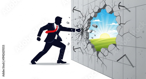 Businessman Breaking Through Concrete Wall.