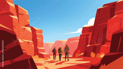 Illustration Of An Adventurer Walking In A Red Rock Valley Vector Design Template