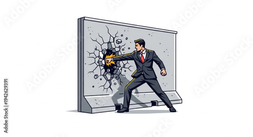 Businessman Breaking Through Glass Barrier.