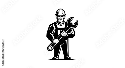 Construction Worker Holding Wrench and Blueprint.