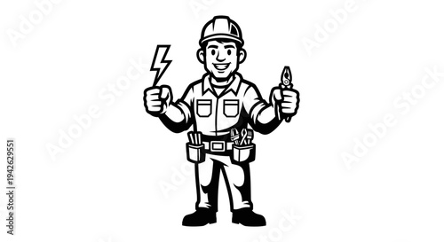 Electrician Cartoon Character with Tools and Lightning Bolt.