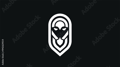 Minimalist White Lion Head Emblem on Black Background.