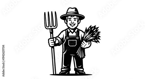 Farmer holding pitchfork and plants illustration.