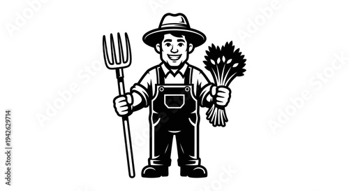 Farmer Holding Pitchfork and Vegetables Illustration.