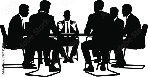 Business team meeting discussion corporate conference boardroom leadership teamwork strategy office people sitting negotiation flat vector illustration design