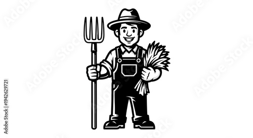 Farmer Holding Pitchfork and Plants.
