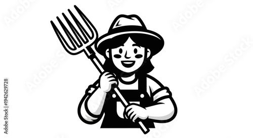 Farmer Holding Pitchfork Cartoon Character Illustration.
