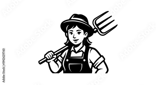 Farmer Holding Pitchfork Illustration Black White.