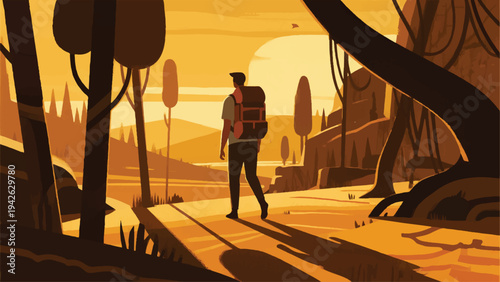 Illustration Of An Adventurer Walking In A Wide Valley At Dusk
