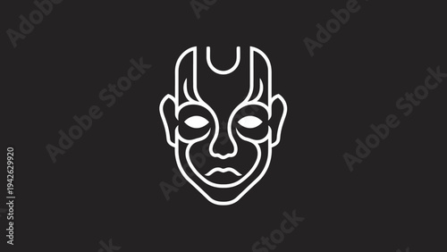 Minimalist White Outline of a Futuristic Humanoid Face on Black.