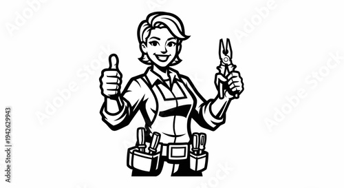 Female Plumber with Tools and Thumb Up.