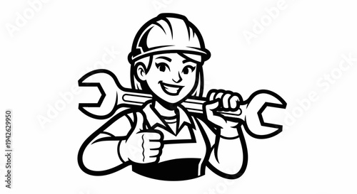 Female Mechanic Holding Wrench and Spanner.