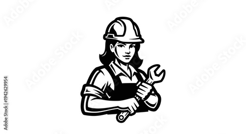 Female Worker Wearing Hard Hat Holding Wrench.