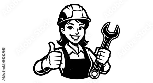 Female Worker in Hard Hat with Wrench.