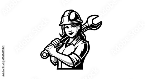Female Worker with Wrench and Hard Hat.
