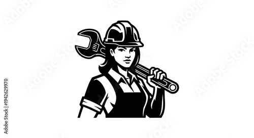 Female Worker with Wrench and Spanner.