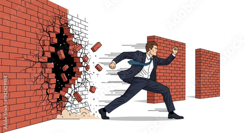 Businessman Breaking Through Brick Wall.