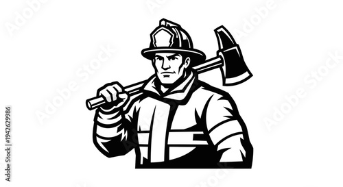 Firefighter holding axe illustration black white.