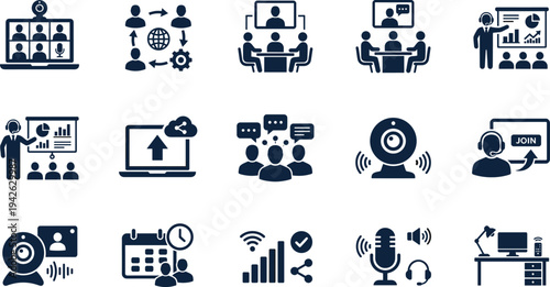 Online Video Conferencing and Remote Work Icon Set Featuring Virtual Meetings Webinars and Digital Communication Tools