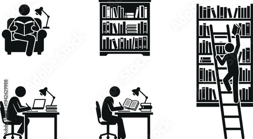 Academic Study and Library Service Icons Featuring People Reading Books Writing at Desks and Organizing Bookshelves