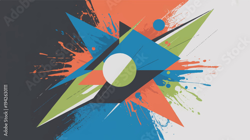 Vibrant abstract art with geometric shapes in blue green orange and white on a black and gray background expressing creativity and dynamic energy