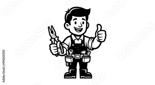 Handyman Cartoon Character with Tools and Thumbs Up.