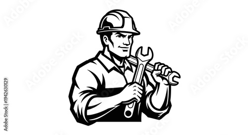Mechanic Holding Wrench Tools Illustration.