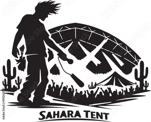 Unique silhouette of rapper on Sahara tent mic drop, desert wind-swept hair, laser lights crossing.