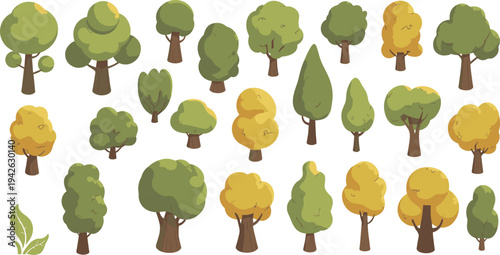 Cartoon forest trees set, stylized green and autumn trees collection, nature park landscape elements vector illustration pack