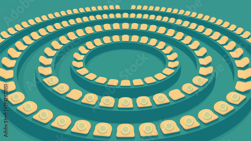 A stylized illustration of a circular seating arrangement with rows of yellow chairs on a green background.