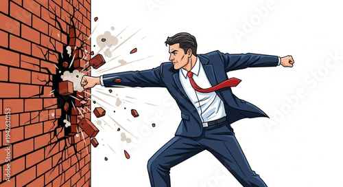 Businessman Breaking Through Brick Wall.