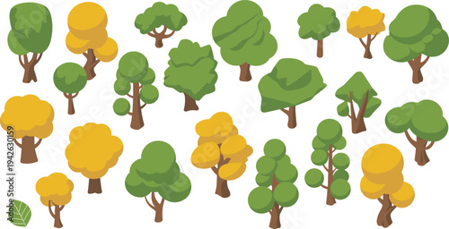Cartoon stylized forest trees set, green and autumn foliage collection, park landscape nature elements vector illustration pack