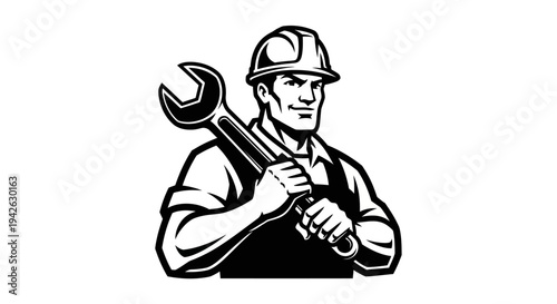Mechanic worker holding spanner and wrench.