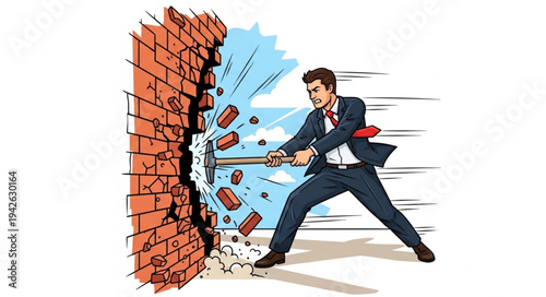 Businessman Breaking Through Brick Wall.