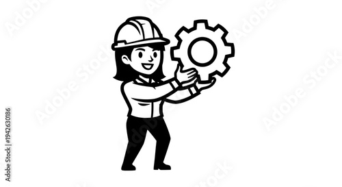Woman Engineer Holding Large Cogwheel Icon.