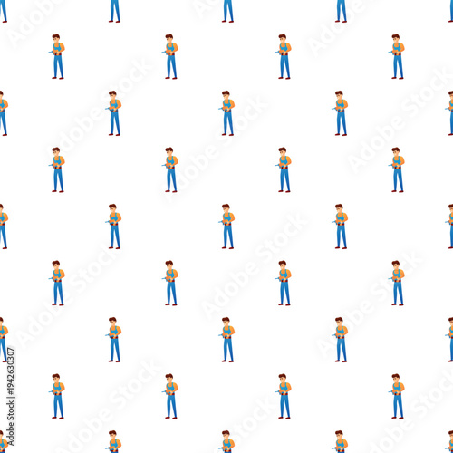 Cartoon man with tools repeating across a white background