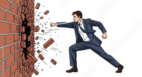 Businessman Breaking Through Brick Wall.