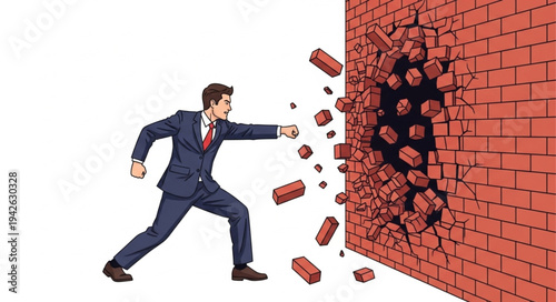 Businessman Breaking Through Brick Wall.