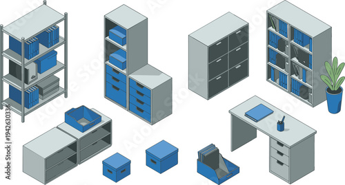 Isometric office furniture storage set, filing cabinets, shelves, desk, archive boxes, document organizers, modern workspace storage vector illustration