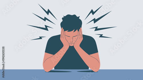 A stressed man sitting at a desk with his hands on his face and lightning bolts around his head