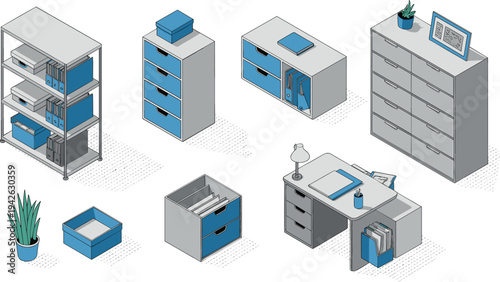 Isometric office storage furniture set, filing cabinets, shelves, desk organizer, drawers, archive boxes, workspace organization vector illustration collection