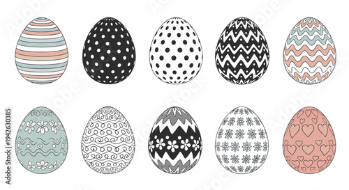 Ten decorative Easter eggs featuring patterns like polka dots, stripes, waves, and flowers are arranged in two rows on white.
