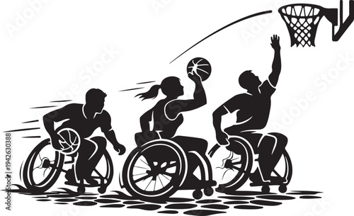 Unique group silhouette of wheelchair basketball athletes in fast break, inclusive energy with hoop net.