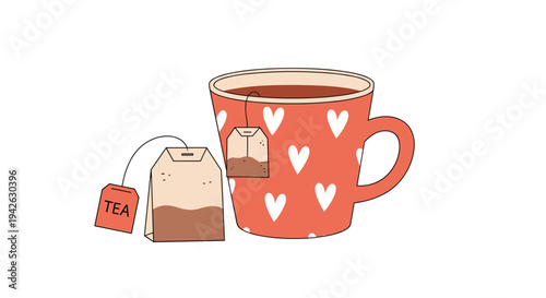 Warm cup of tea decorated with white hearts is served next to two teabags ready for a cozy and relaxing break.