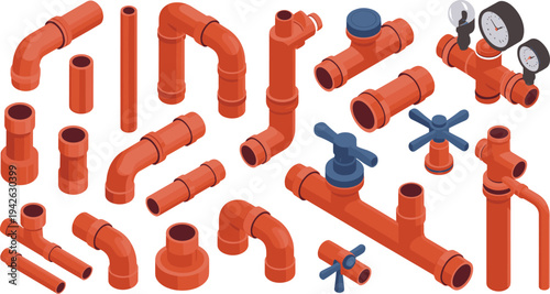Isometric PVC plumbing pipe fittings set, valves, elbows, connectors, pressure gauge, water supply system components vector illustration