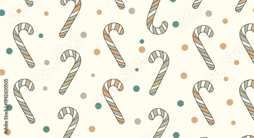 Festive holiday pattern featuring repeating candy canes in striped earth tones with colorful dots on an off-white background.