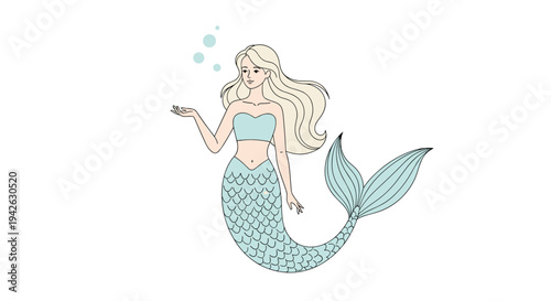 Enchanting mermaid with long blonde hair and a blue tail floating underwater with small bubbles above her open hand.