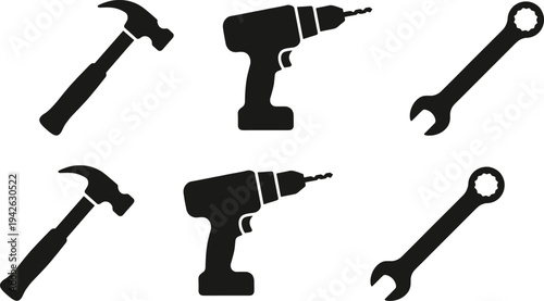 Essential Hand and Power Tools Silhouette Set Featuring Hammer Electric Drill and Wrench for Construction and Repair Work